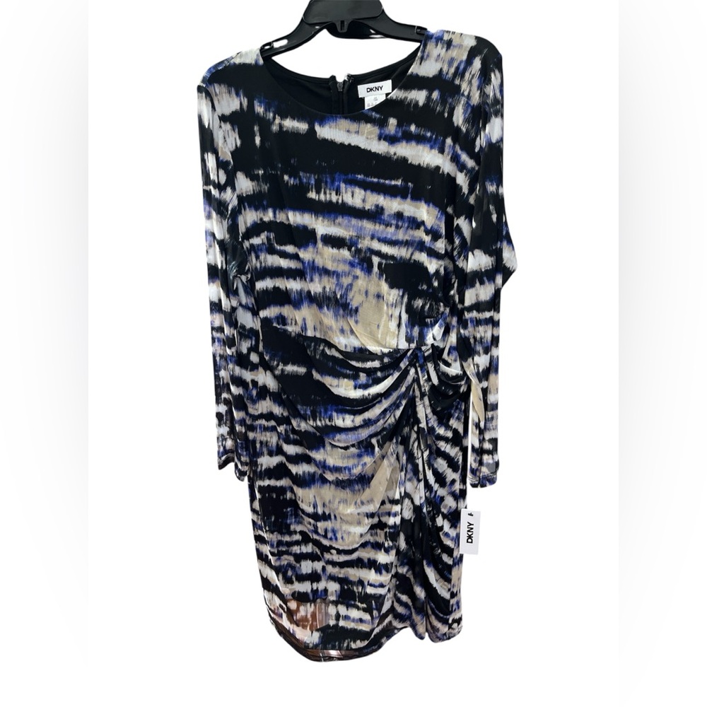 DKNY Navy Black and Cream Abstract Ruched Long Sleeve Dress ( NWT)